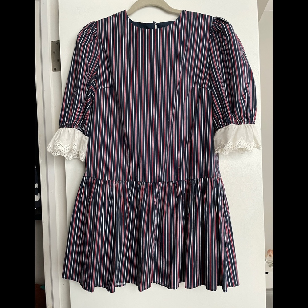 English Factory | Drop Waist Striped and Eyelet Sleeve Dress (Size Small)